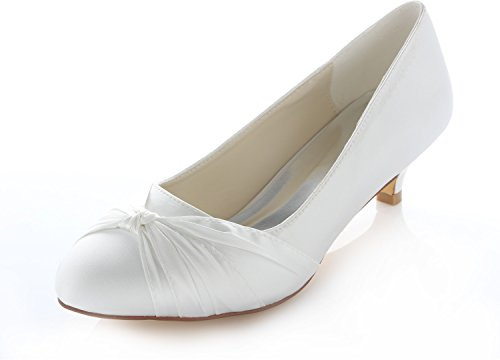 Emily Bridal 011-1N Women's Wedding Shoes Closed Toe 1.57 Inches Kitten Heel Satin Pumps with Knot Bridal Shoes