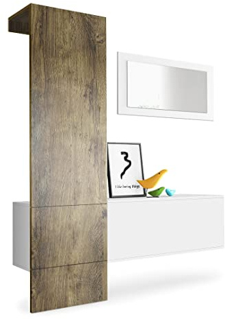 Vladon Mueble recibidor Carlton Set 4, Mueble de Entrada Compuesto por 1 Perchero, 1 Zapatero y 1 Espejo de Pared, Blanco Mate/Roble ribbeck (156 x 193 x 35 cm)
