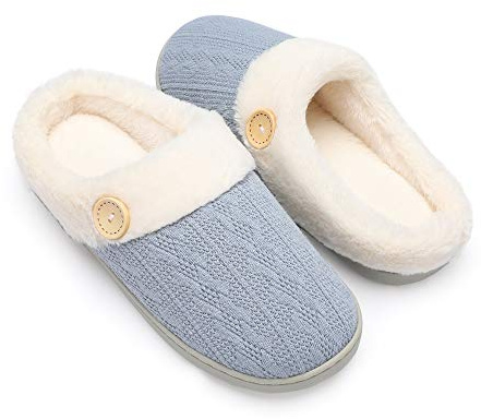 Chantomoo Tofflor i minnesskum för kvinnor, bekväma, fuskpäls, fodrade tofflor, varma tofflor, slip-on loafer, plyschtofflor, halkfria gummisulor, Färg: blå, 38/39 EU