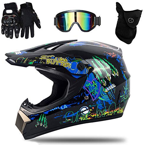 UIGJIOG Motocross Helm mit Brillen Maske Handschuhe, Herren Damen Motorrad-Helm Off-Road Downhill-Enduro-Helm-ATV-MTB-BMX Dirt Bikes Quad Motorräder Full-Face Schutz-Helm,J,S(52~53cm)