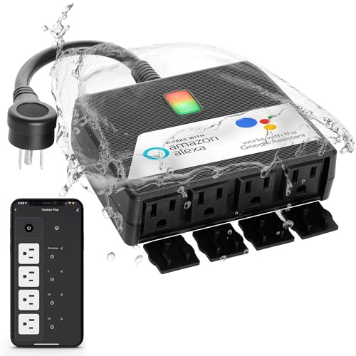 Smart Heavy Duty Outdoor Power Strip WiFi Plug Water-Resistant Socket, Electrical Power Extension Cord, Outlet Switch and Timer Works Remotely with Alexa, G Assistant (4 Sockets) Black