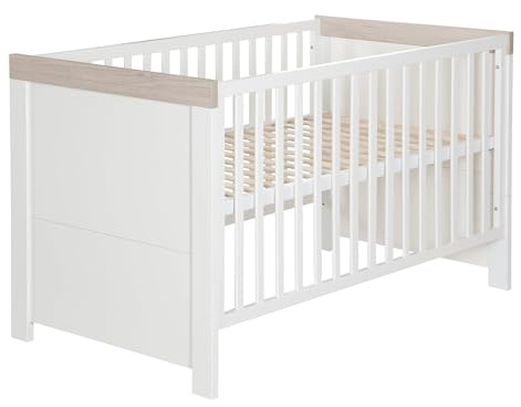 roba Kombi-Kinderbett ‚Lucy' 70 x1 40 cm, Babybett umbaubar zum Juniorbett, weiß, Dekorleisten in ‚Luna Elm'