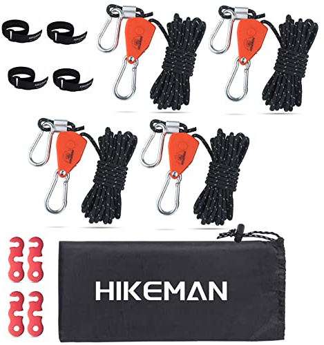 Hikeman Camping Rope with Ratchet Pulley,Quick Setup Outdoor Guy Lines Adjustable Tent Tie Downs Rope Hanger for Canopy,Kayak and Canoe,Grow Light (4PCS,Black)