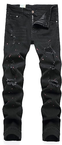 TMMMT Men's Fashion Washed Perforated Elastic Slim Fit Jeans(28, 8807 Black)