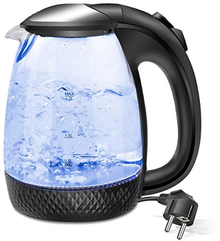 EXTRASTAR Hervidor de Agua Eléctrico 1,7 litros, Base 360º, Filtro Antical Desmontable, Hervidor Eléctrico de Vidrio, 2200W de Potencia, Negro