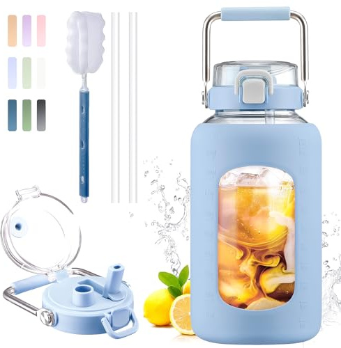 BLUEGO 2500ml Water Bottle Glass with Stainless Steel Handle 2.5L Large Water Bottle with Time Markers and Silicone Sleeve Half Gallon Water Jug BPA Free for Gym Daily Use, Blue