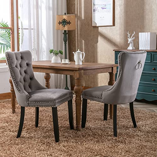 BTM Modern Set of 2 Upholstered Velvet Dining Chairs, High-end Tufted Contemporary Kitchen Lounge Chairs with Solid Wood Legs, Riveted Trim and Knocker Ring, 2 Pcs