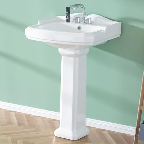 Miuara Fregadero de pedestal de 58 cm – 3 agujeros de porcelana vintage para baño, 48.3 cm de profundidad x 58.4 cm de ancho x 91.4 cm de alto, color blanco, con protector contra salpicaduras, 1