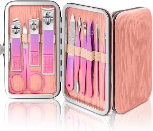 10 in 1 Nagelset Maniküre, Nagelpflegeset Maniküre Pediküre Set Professionell, Fingernagel Pflege Set Frauen Männer, Maniküre-Set Geschenk für Luxus-Leder-Reise-Etui für Familie Freunde (Rosa Lila)