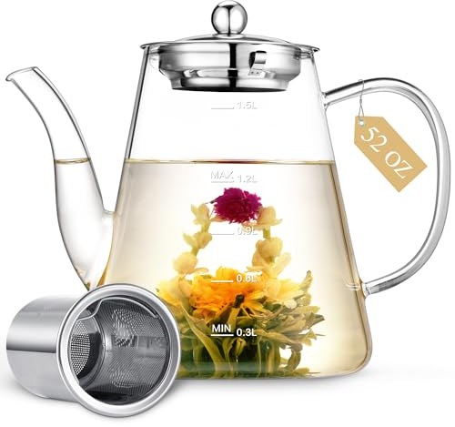 Teekanne Glas 1,5 Liter, Teekanne mit Siebaufsatz Herausnehmbarem Teesieb für losen Tee und Teeblumen, Handgefertigter Teebereiter aus Borosilikatglas mit Skalenlinie, Tee Geschenkset für Teeliebhaber
