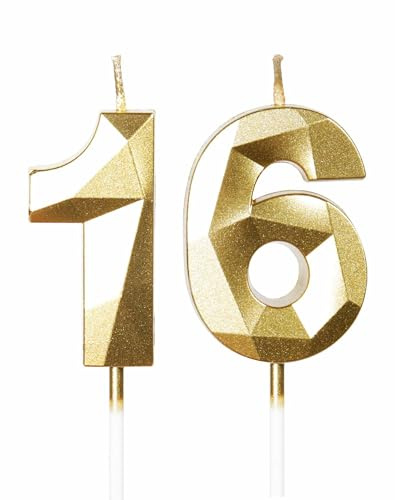 mciskin Gold 16th Birthday Candles, 3D Number 16 Candles for Cake, Girls Boys 16th Birthday Decorations,Pearl Gold Candle Cake Topper Decorations for Birthday Party Weddings Anniversary Supplies