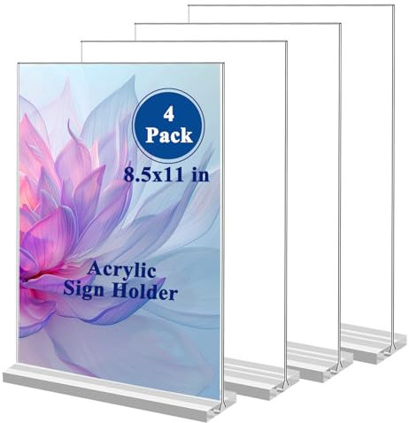 Toionmm A4 Acrylic Sign Holder, 4 Packs Table Menu Signs Holder, Vertical Clear Table Display Stand, Double Sided Desktop Display Sign Holder for Paper, Menu, and Flyer