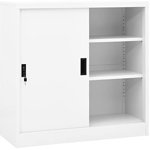 IKAYAA Armadio per Ufficio Anta Scorrevole Armadio Ante Scorrevoli Mobili Ufficio Armadietti con Chiave Armadio in Metallo Armadietto Multiuso in Acciaio-Bianco-90x40x90cm