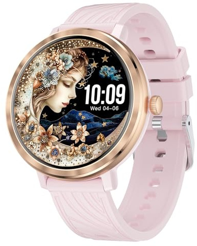 Smart klocka för kvinnor med samtal, 1,19 tum AMOLED Smartwatch för kvinnor, 100+ sportlägen, sömnklocka för pulsmätare, IP68, fitnessspårare, för Android, iOS, rund, guld