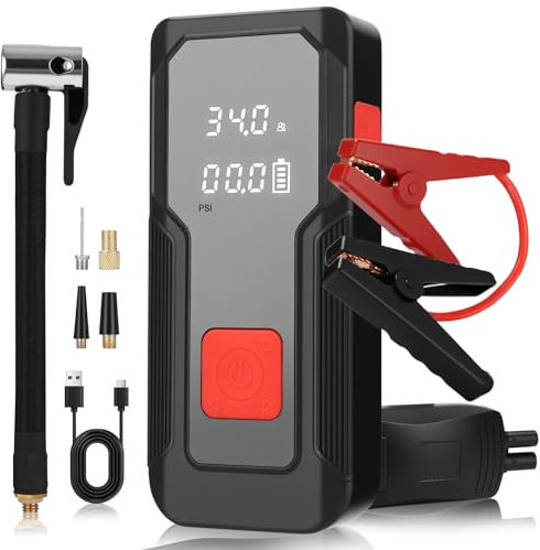 Aide au démarrage de voiture 5 en 1 - Courant de crête 150 PSI - 2000 A - Pour tout essence et moteur diesel 10,0 l - 8000 mAh - 15 V - Écran LCD portable et lampe de poche LED