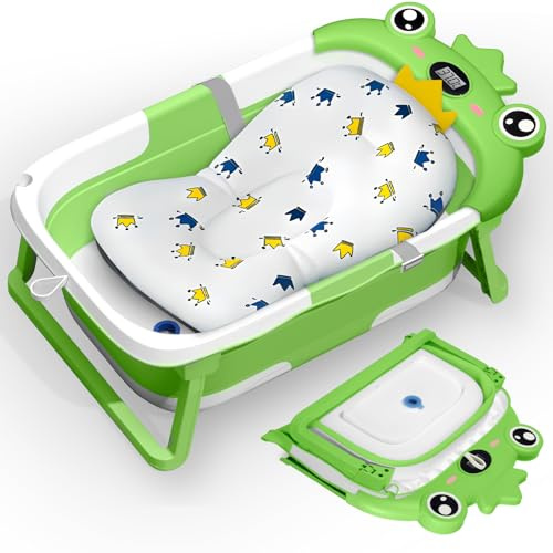 TEBOKHAD Bañera Plegable Bebé, Bañera Bebe Con Cojín Y Termómetro, Bañera Bebe Portátil, Reductor Banheira Bebe, Bañeras Para Bebes Para Recién Nacidos Y Bebés De 0 a 36 Meses (Verde A)