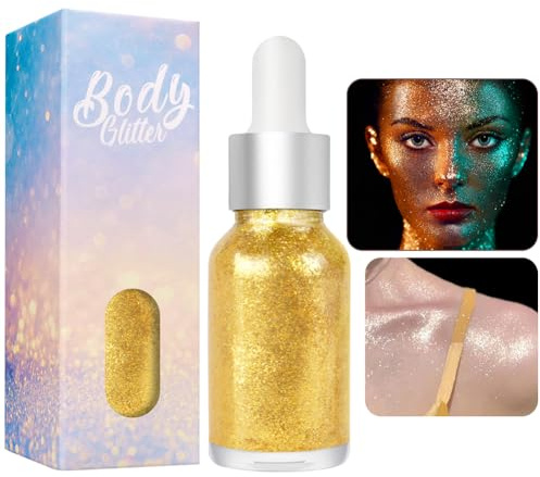 AOOWU Glow Up Face Highlighter, 15ml Liquid Highlighter Makeup für Gesicht Körper Glow, Flüssig Glitzer mit Metallic-Finish Schimmer Makeup für Halloween, Karneval, Party(Gold)