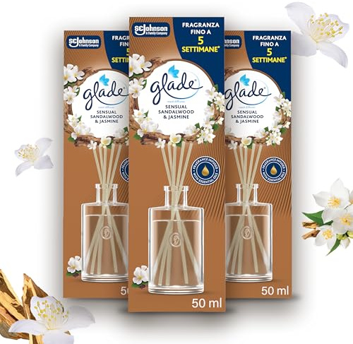 Glade Diffusore a Bastoncini, Profumatore per Ambienti con Oli Essenziali, Fragranza Sensual Sandalwood & Jasmine, confezione da 3 diffusori da 50ml