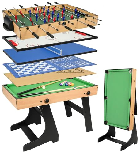 10-In-1 Multi Game Table, 4FT Folding Foosball Table, Pool Table Set with Table Football, Billiard, Table Tennis, Hockey Table, Shuffleboard, Bowling, Chess, Checkers, Backgammon, Poker.
