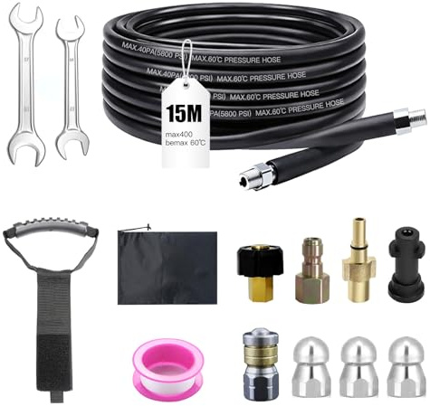 Rörrengöringsslang set 10 m, 400 bar 140 °C, med adapter och munstycken, universellt högtryck rörrengöringssats, kompatibel med Kärcher K2–K7 & Bosch, för dränering och igensättning (15 m)