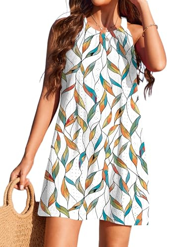 Ekouaer Strandöverdrag Dam Strandklänning Bikini Cover Up Sommar Ärmlös Sexig Strandkläder Avslappnad Klänning S-XXL, Bladtryck, M
