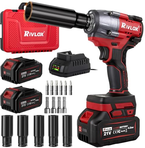 Rivlox Cordless Impact Wrench 800N·m, 1/2inch Brushless High Torque Impact Driver, 2300rpm Impact Gun Kit with 2X 4.0Ah Battery & Charger, Sockets & Tool Case, for Car/Truck Car/DIY Furniture/Home