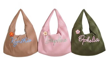 Bolso De Mano De Pana Personalizado Con Cremallera, Bolso De Hombro Personalizados De Chenilla 3D, Tote De Viaje For Libro De Trabajo De Regreso A La Escuela, Tote Holgado De Viaje For Dama Honor