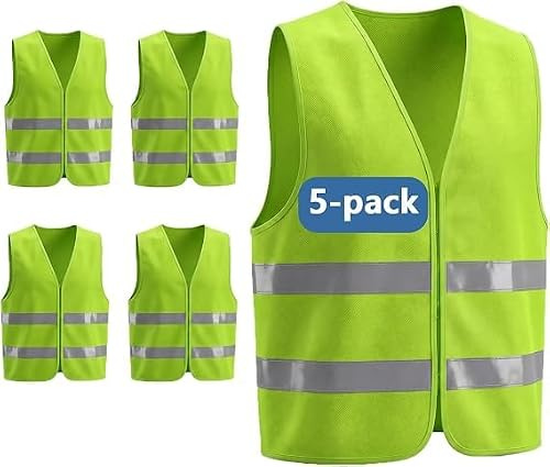 Nokwocy Lot de 5 Gilets Jaunes Fluorescents de Sécurité - Adulte et Enfant, Réfléchissants Haute Visibilité pour Voiture, Vélo, Moto, Running, Travail et Activités de Plein Air - Unisexe