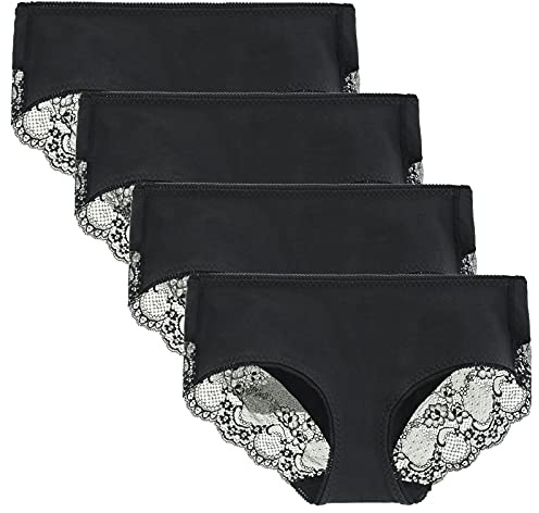 LIQQY Women's 4 Pack Cotton Mid Rise Full Coverage Lace Hipster Brief Panty Knicker Underwear (Black, L)