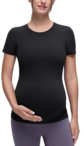 CRZ YOGA Softembrace Maternity Crewneck Short Sleeve Shirts - Soft Casual Pregnancy Tops Going Out Basic T-Shirts for Women Black Medium