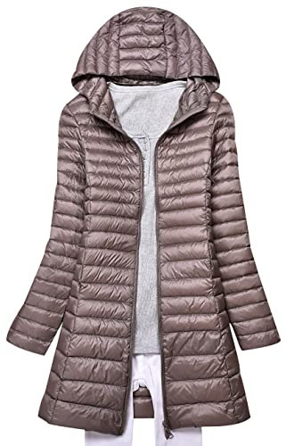 Lightweight Down Jacket Women Packable Ladies Puffer Jacket Long Puffer Coats for Women Puffa Jackets With Hood Longline Waterproof Womens Compressible Down Feather Coat Parka Quilted Padded Khaki M