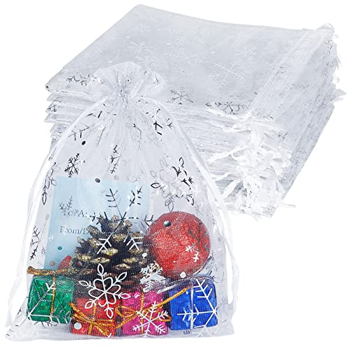 HRX Package 100 Stück Organzasäckchen Weihnachten, 13x18 cm Weiß Geschenksäckchen Schmucksäckchen Organzabeutel mit Organzaband Zugband Organza Säckchen
