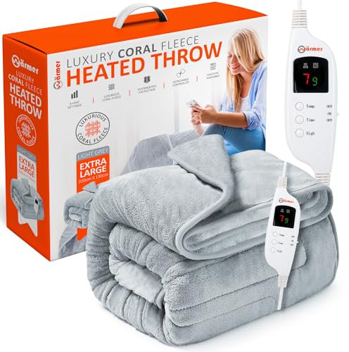 Wärmer Electric Heated Throw Blanket - Extra Large 200 x 130cm Digital Controller - Timer, 9 Heat Settings, Auto Shutoff - Machine Washable - Light Grey