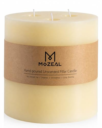 MOZEAL Extra Large 3 Wick Ivory Pillar Candle, 6 x 6, Unscented, Dripless, Smokeless, and Clean-Burning. Approx. 120 Hours of Burn Time. Perfect for Weddings, Dinners, Christmas and Home Decor