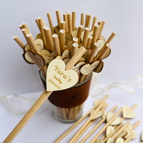 Personliga papperssugrör, anpassade graverade träetiketter sugrör kärlekshjärta, anpassat sugrör, för bröllopsgåvor, babyshower, möhippa, födelsedagsfest, engångssugrör