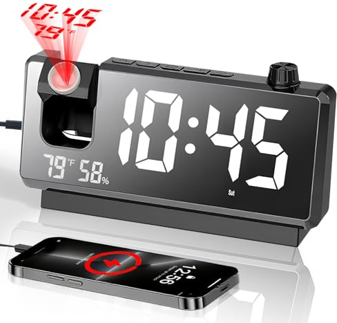 Projection Alarm Clocks for Bedrooms - 2025 New Alarm Clock with 180° Rotatable - Digital Clock with Clear LED Display, Loud Dual Alarm Clock for Heavy Sleepers, Kids Elderly, Snooze, USB Charger