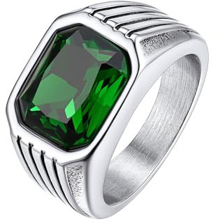 Bestyle Smaragd Siegelring für Herren 10 * 12mm Quadrat Schliff Edelstein Band Ring Männer Retro Gothic-Ring Edelstahl Ring Modeschmuck, Silber, Größe 62