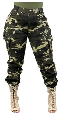 DINGJIUYAN Pantalon cargo pour femmes - Camouflage - Combat - Armée - Militaire - Tactique - Pantalon de travail avec poches - Grande taille - Taille haute - Avec revers - Pantalon sarouel décontracté