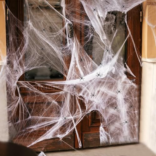 Halloween Spinnennetz Deko - 200g Dehnbares Netz und 30 Künstliche Spinnen für Outdoor Dekoration, Spukhaus und Gruselszene (B)