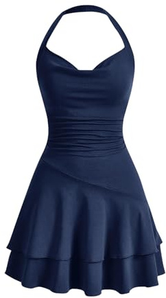 SweatyRocks Mini abito da donna linea A, abito con volant, senza maniche, multistrato, per il tempo libero, Blu scuro, M