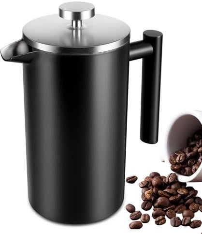 SZHETEFU 34 OZ Large French Press, Premium Stainless Steel Sturdy Insulated French Press Coffee Maker, 4-8 Cups French Coffee Press, Tea Presses for Home Kitchen Caming Loose Tea, Elegant Black