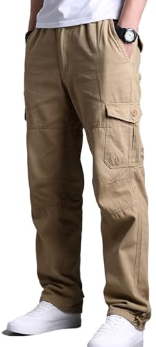 OlmecsHKEU Cargohose Herren aus Baumwolle Cargo Hose mit 7 Taschen Elastische Taille Freizeithose Khaki XL