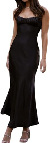 Satin Spaghetti Strap Backless Ruched Twist Cocktail Dresses for Women Silk Open Back Cut Out Midi Dress Wedding Guest Black