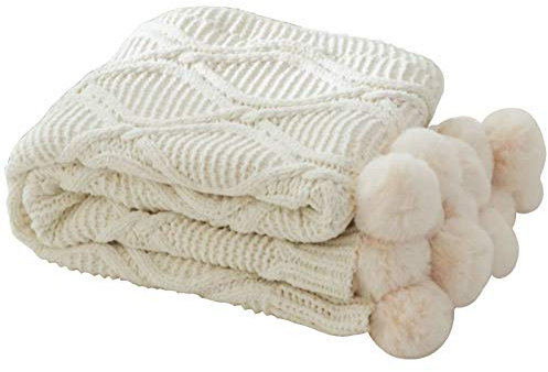 Bomullsfilt, Sofffilt, Slängfilt, Stickad Slängfilt, Varm mysig Lyxig Fluffig Stickad Pom Poms filtar, for Säng/Soffa/Soffa Stol/Soffa/Vardagsrum, Tofs Pompom(Thin section Pink,130 * 170cm)