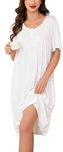 Vlazom Women's Nighties Button Front Long Nightdress Pleated Lace Nightgowns Luxury Soft Touch Nightgshirt with Pockets,White,M