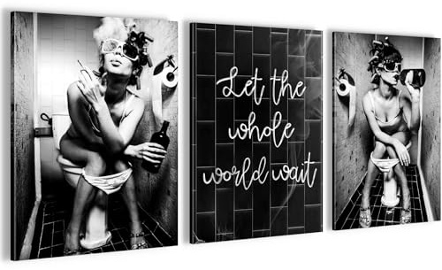 Novart Wandbilder Set Fashion Frauen - KOMPLETT AUFHÄNGFERTIG - Badezimmer Flur Toilette Deko - 3 Moderne Bilder Schwarz Weiss - N040135a