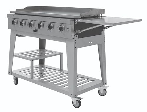METRO Professional Barbacoa de Gas con 6 Quemadores y Plancha, Acero Inoxidable, 22.2 kW, Encendido Eléctrico, 1 Mesa Lateral Plegable, Doble Estante Inferior, Funda de Poliéster 600D, Plata