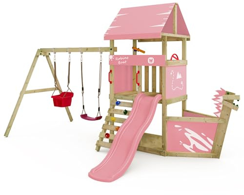Wickey Parco giochi DinkyHouse con naso di nave - con scivolo & telone rosa pastello - Torre di arrampicata per bambini per il giardino in legno massiccio - 372x317x247 cm