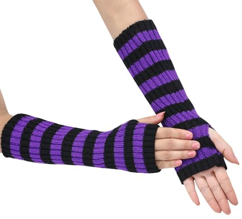 OTKARXUS Manguitos para mujer, 1 par de guantes largos y cortos sin dedos, de punto con agujero para el pulgar, guantes cálidos de invierno para mujeres y niñas, Rayas Corto Púrpura+Negro, Talla única