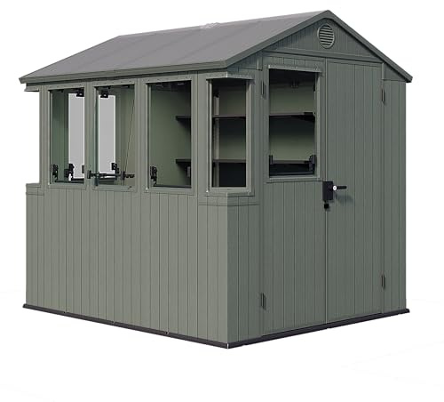 Keter Darwin Potting Shed 6x8ft – Green | Hybrid Roof for Light & Shade | 5 Opening Windows + 2 Fixed | Includes 2 x 160cm Shelves | Evotech+TM Wood-Look Resin | Lockable | 3-Year Guarantee